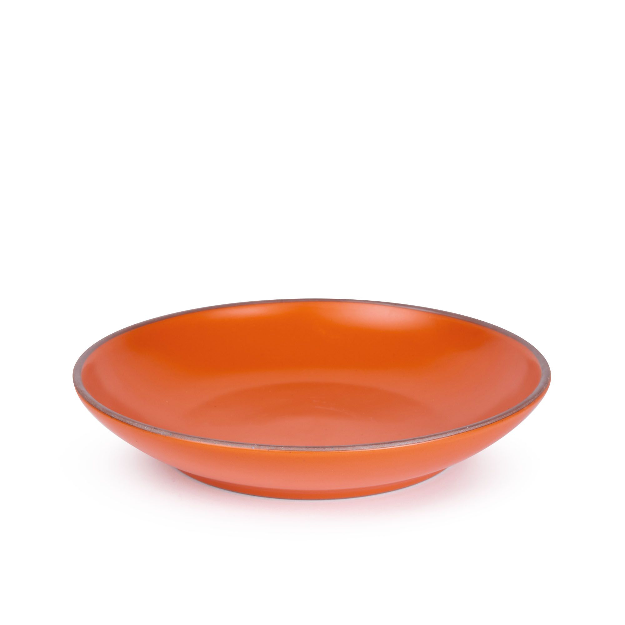 A large ceramic plate with a curved bowl edge in a bold orange color featuring iron speckles and an unglazed rim.
