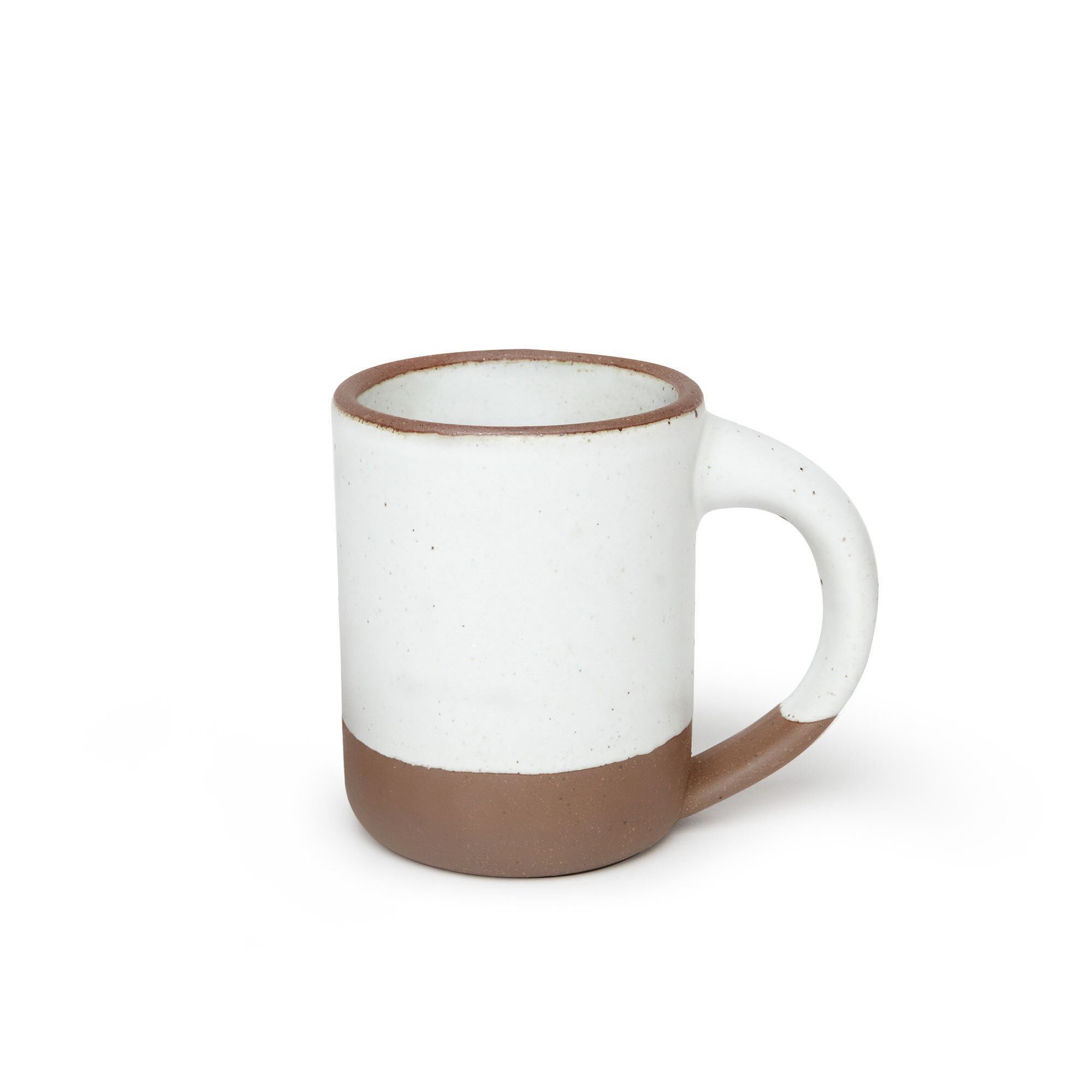 A medium sized ceramic mug with handle in a cool white color featuring iron speckles and unglazed rim and bottom base.