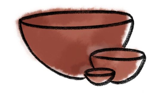 A simple crayon drawing of 3 bowls in tiny, medium, and large sizes with a watercolor wash in a burnt terracotta color