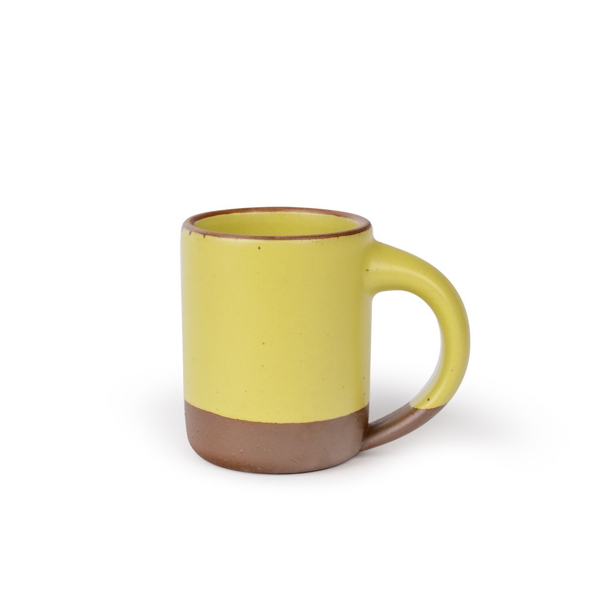 A medium sized ceramic mug with handle in a zesty yellow color featuring iron speckles and unglazed rim.
