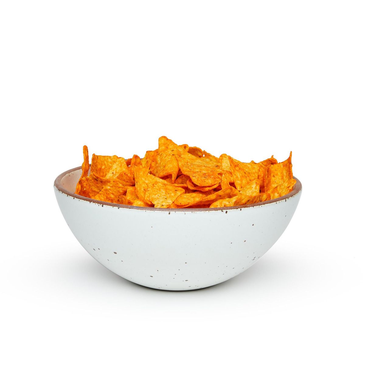 A large rounded ceramic bowl in a cool white color featuring iron speckles and an unglazed rim, filled with nacho cheese chips