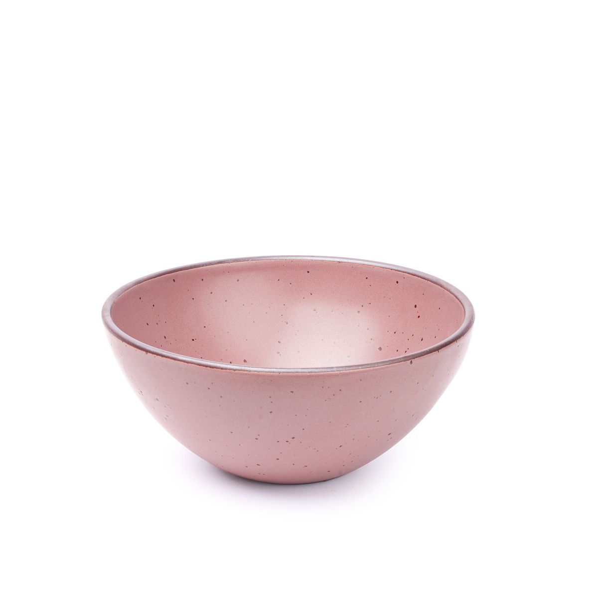 A large rounded ceramic bowl in a dusty mauve pink color featuring iron speckles and an unglazed rim