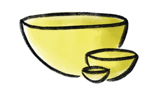A simple crayon drawing of 3 bowls in tiny, medium, and large sizes with a watercolor wash in a zesty yellow color
