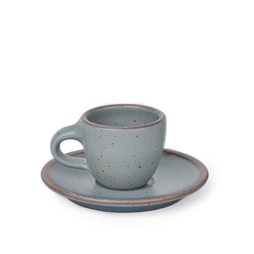 Small stoneware espresso cup with handle and saucer, in a blue-grey color with iron speckles.