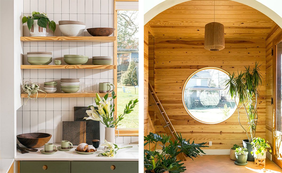 Two photos: 1 is a kitchen setting, there are floating shelves above a countertop filled with stacks of bowls and plates, simple drinking glasses, and an air plant. On the countertop is small mugs sitting on saucers, a large walnut bowl, 2 large dark cutting boards, and a water pitcher filled with flowers. The 2nd photo is a room with a large cutout circular window, wooden walls, and potted plants everywhere.