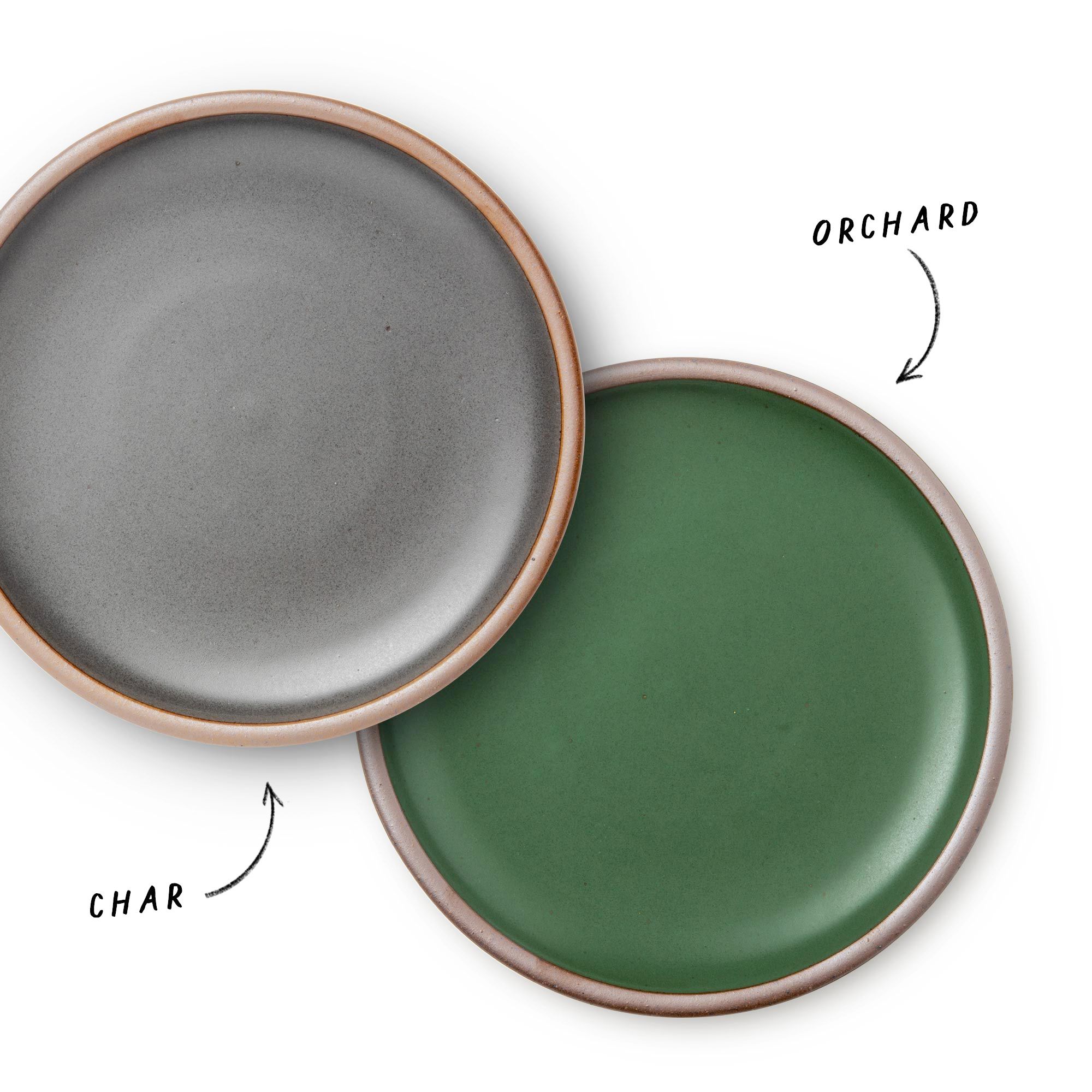 A studio shot of two overlapping dinner plates on a white background. In the upper left a medium grey plate is labeled "Char" overlapping a bright green plate in the lower right labeled "Orchard."