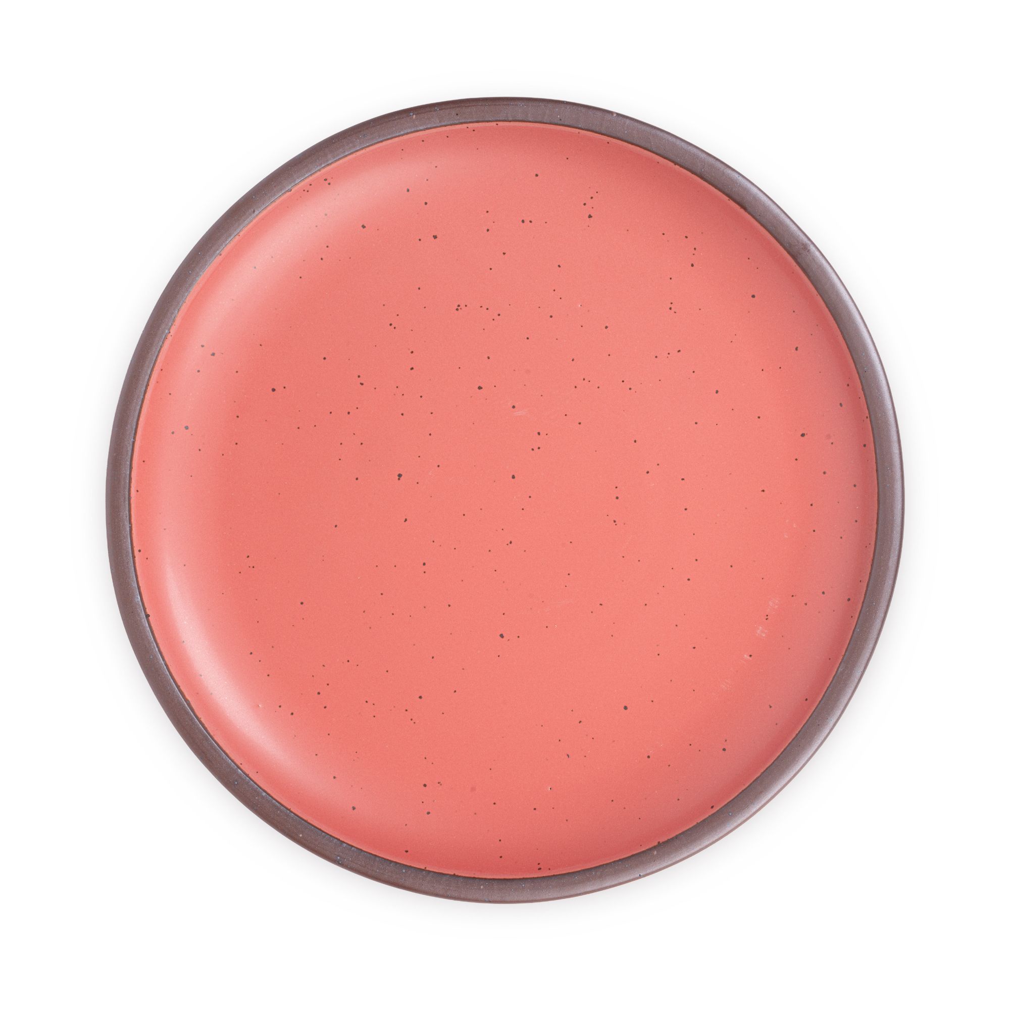 A large ceramic platter in a watermelon pink color featuring iron speckles and an unglazed rim.