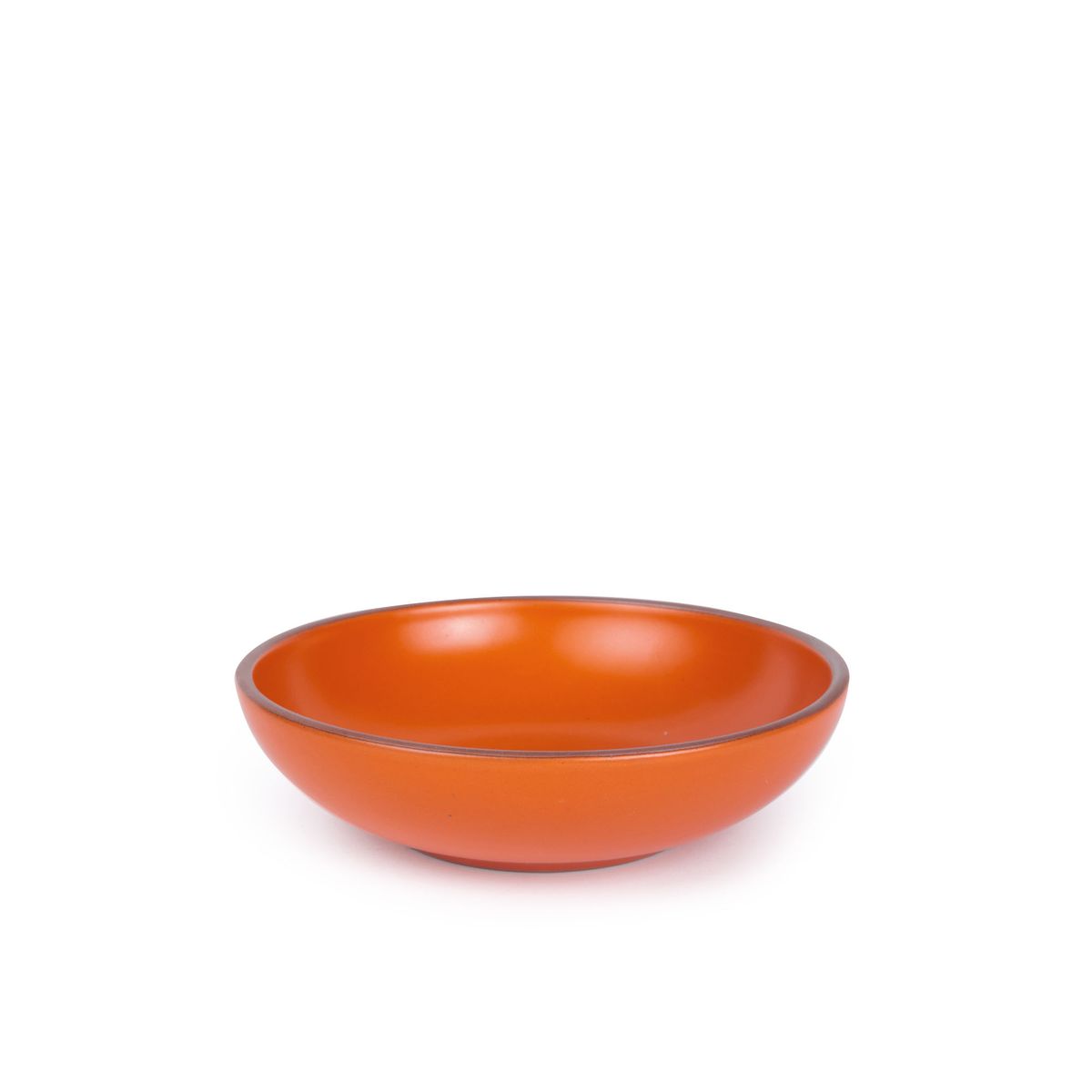 A dinner-sized shallow ceramic bowl in a bold orange color featuring iron speckles and an unglazed rim