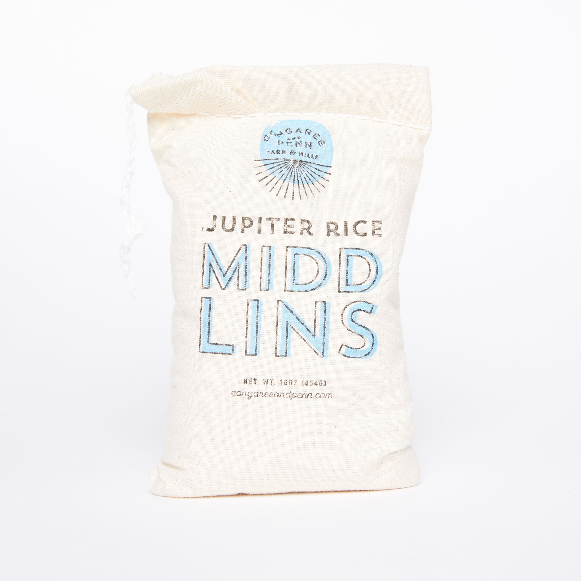 A cream colored sack that reads "Jupiter Rice Middlins" in brown and blue all caps