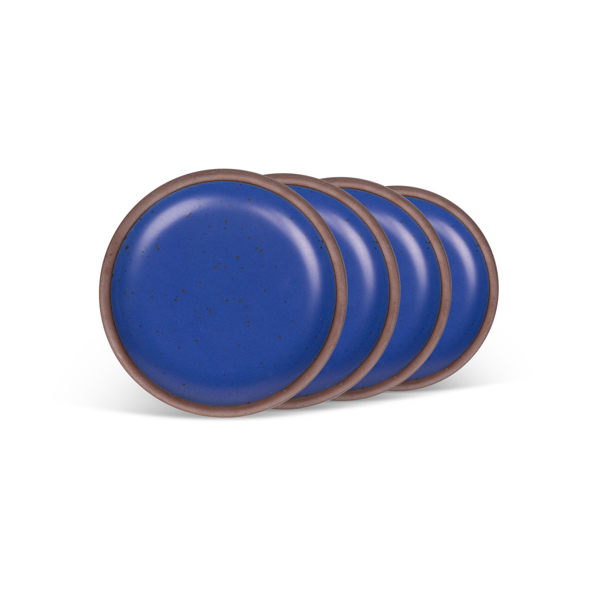 4 dessert sized ceramic plates in a cobalt blue color featuring iron speckles and an unglazed rim.