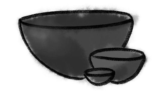 A simple crayon drawing of 3 bowls in tiny, medium, and large sizes with a watercolor wash in a graphite black color