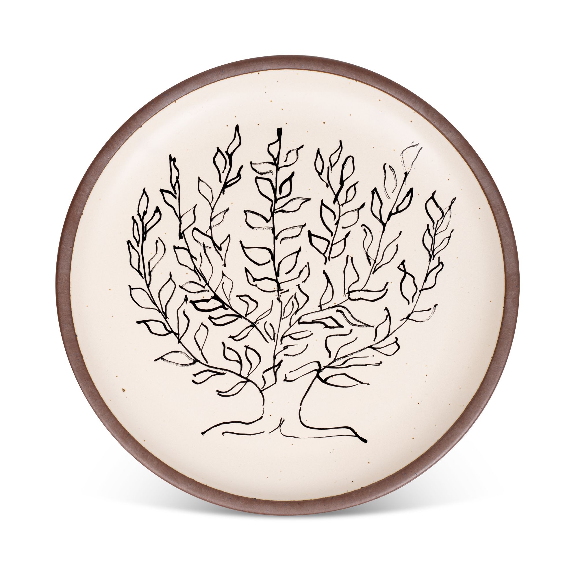 Abstract, black ink drawing of branches with curved leaves radiating upwards from a central tree trunk, centered on an off-white, round, ceramic platter with an unglazed rim.