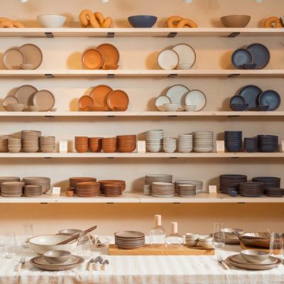 The pottery set wall in East Fork's store in Asheville 