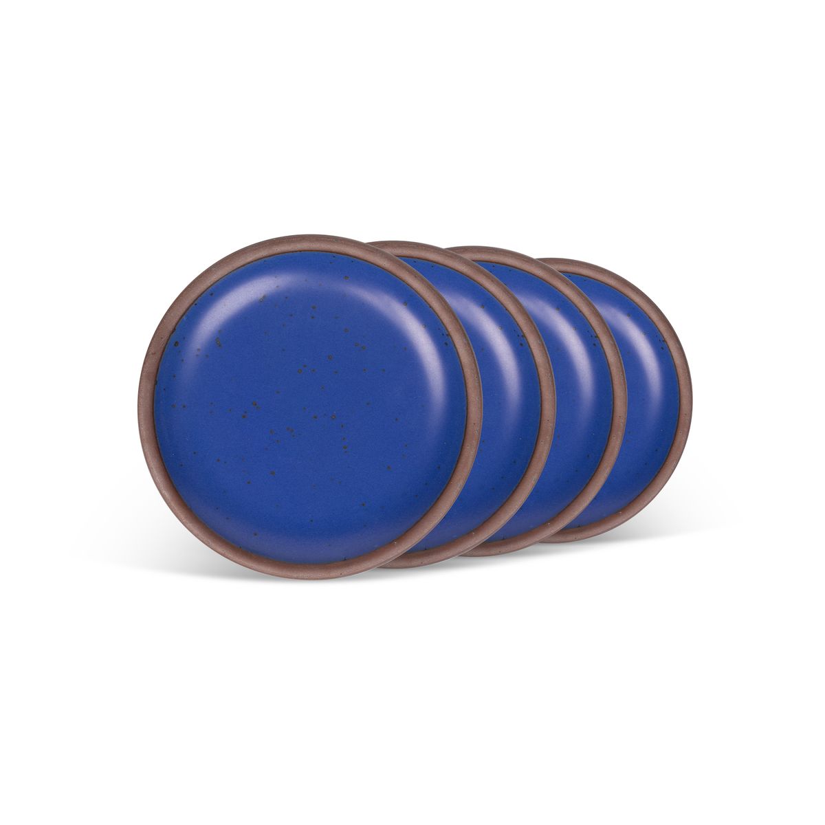 4 dessert sized ceramic plates in a cobalt blue color featuring iron speckles and an unglazed rim.