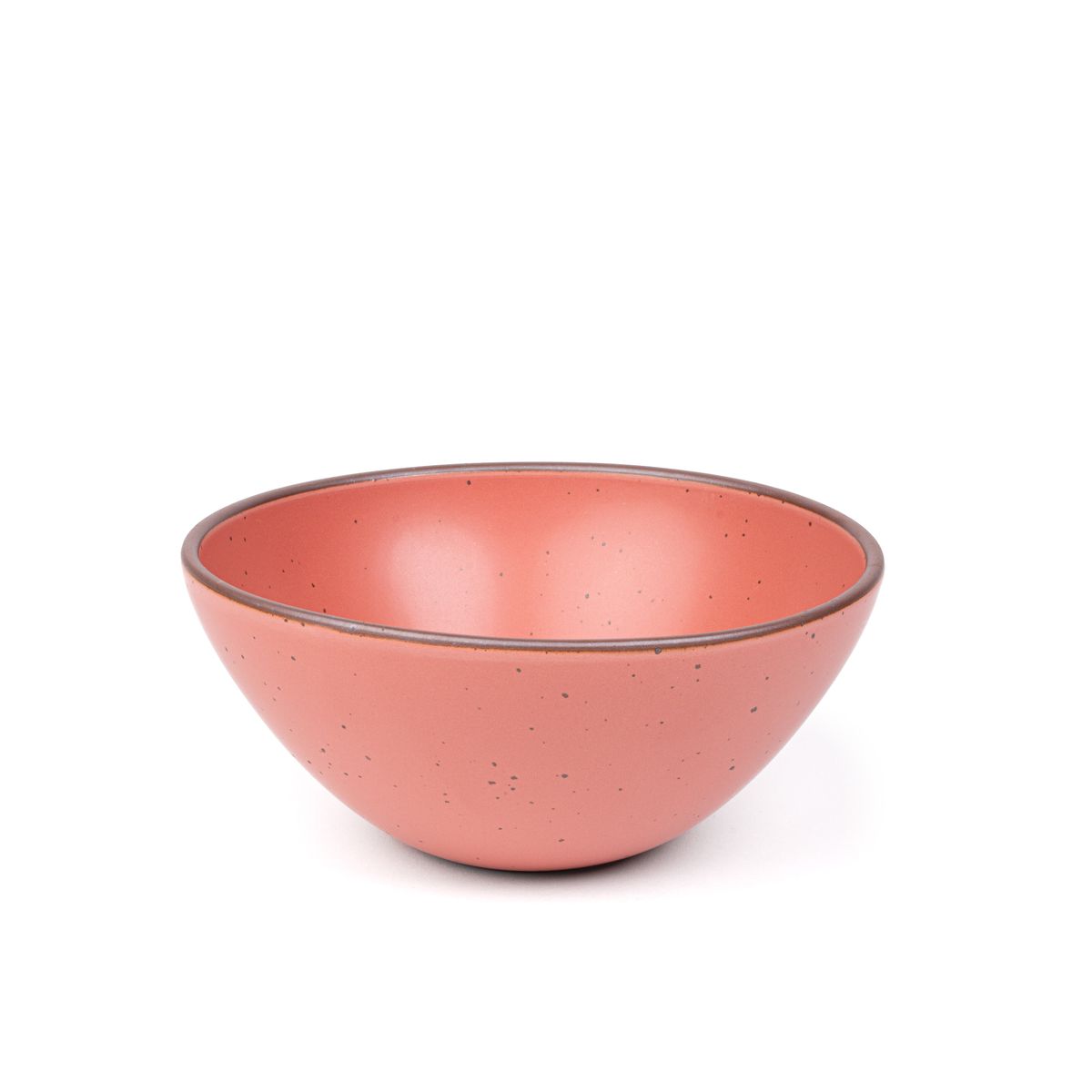 A large rounded ceramic bowl in a watermelon pink color featuring iron speckles and an unglazed rim
