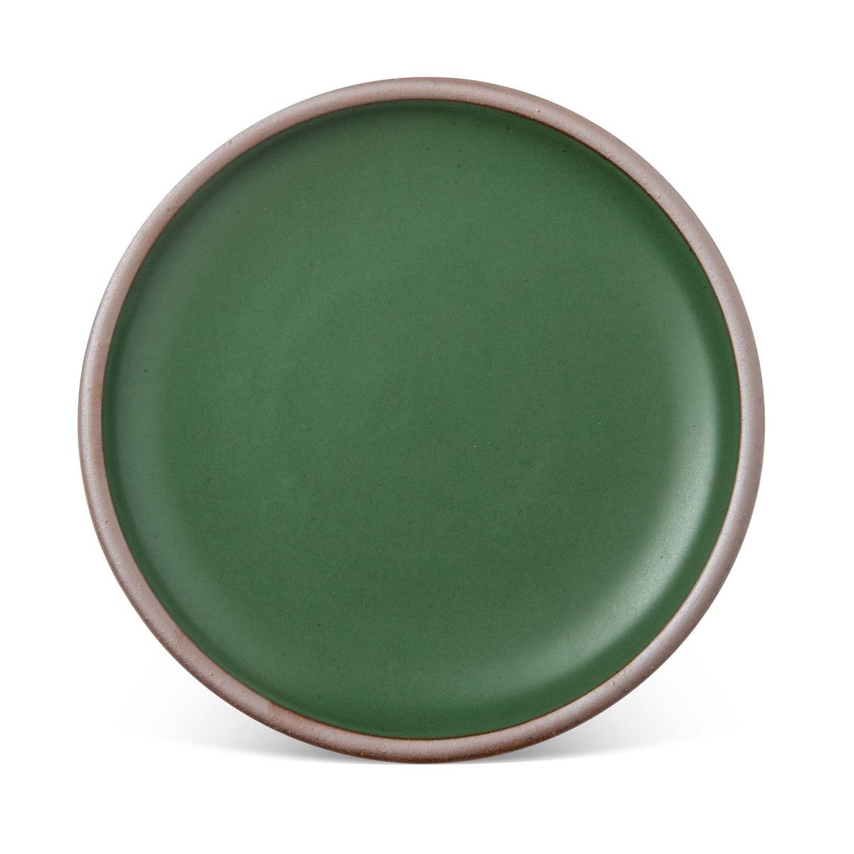 A large ceramic platter in a deep, verdant green color featuring iron speckles and an unglazed rim