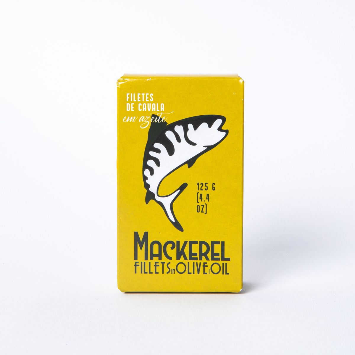 Yellow box with a fish illustration and text that reads: "Mackerel Fillets in Olive Oil"