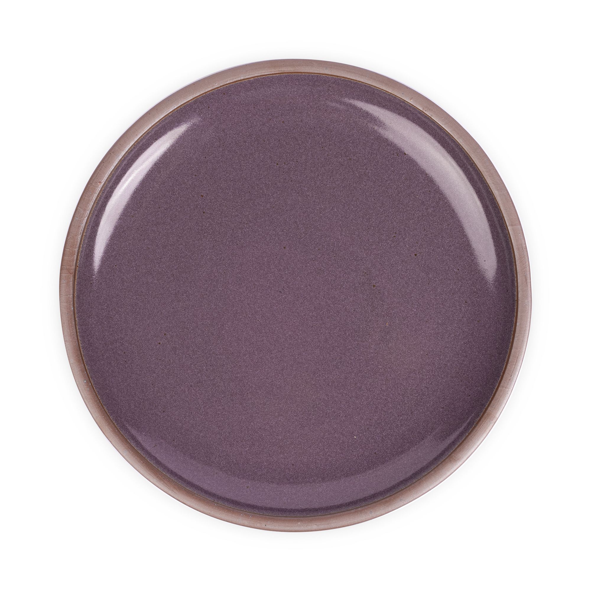 A large ceramic platter in a purple color with a soft glowing sheen, iron speckles and an unglazed rim.