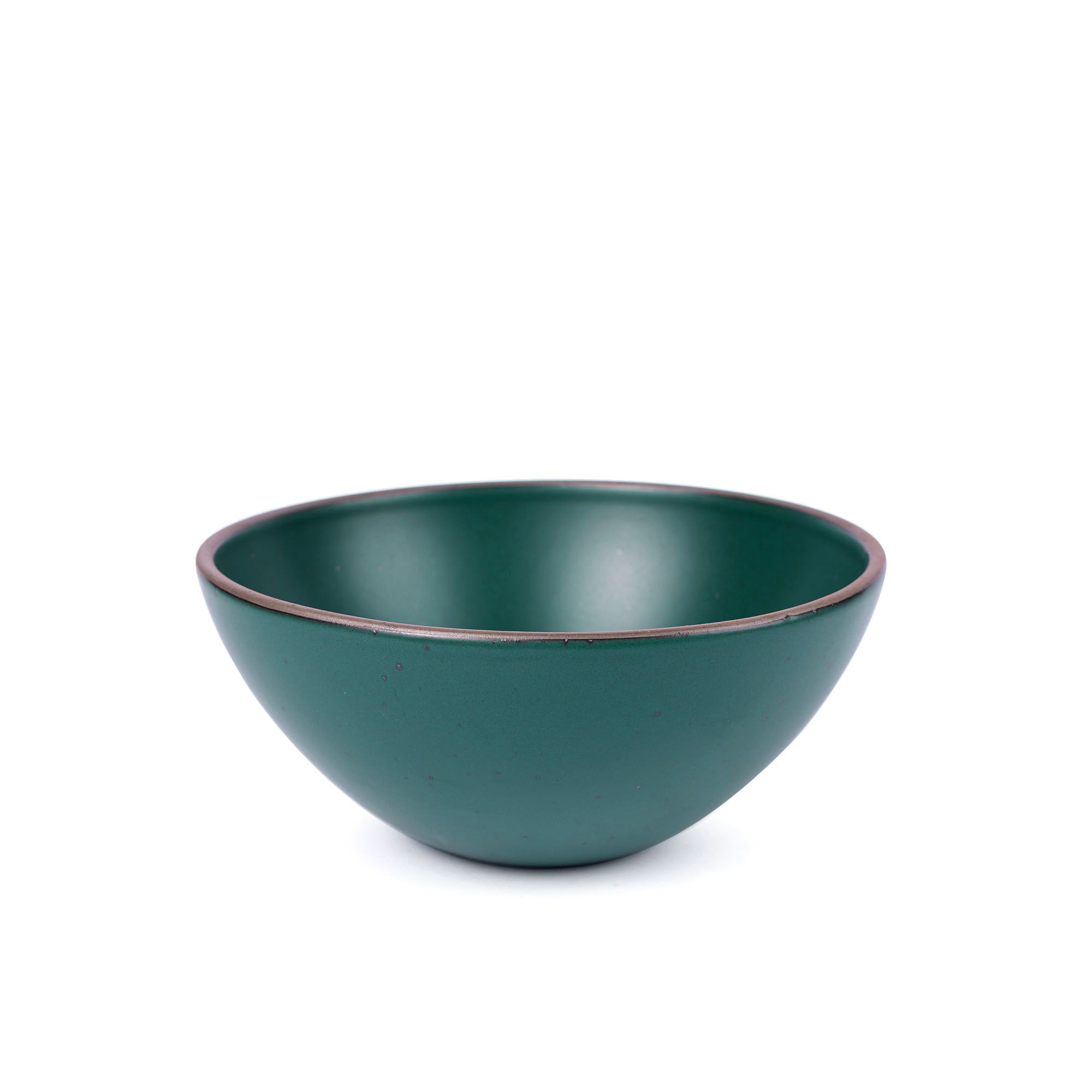 A large rounded ceramic bowl in a deep dark teal color featuring iron speckles and an unglazed rim