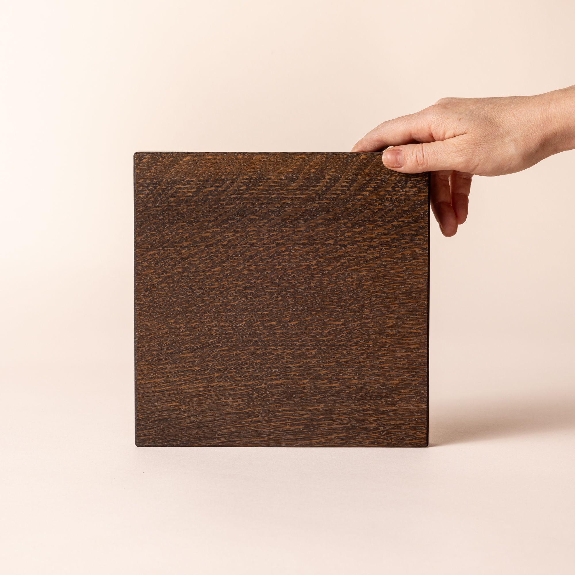 Hand holding up a square of white oak that has been finished in an ebonized stain