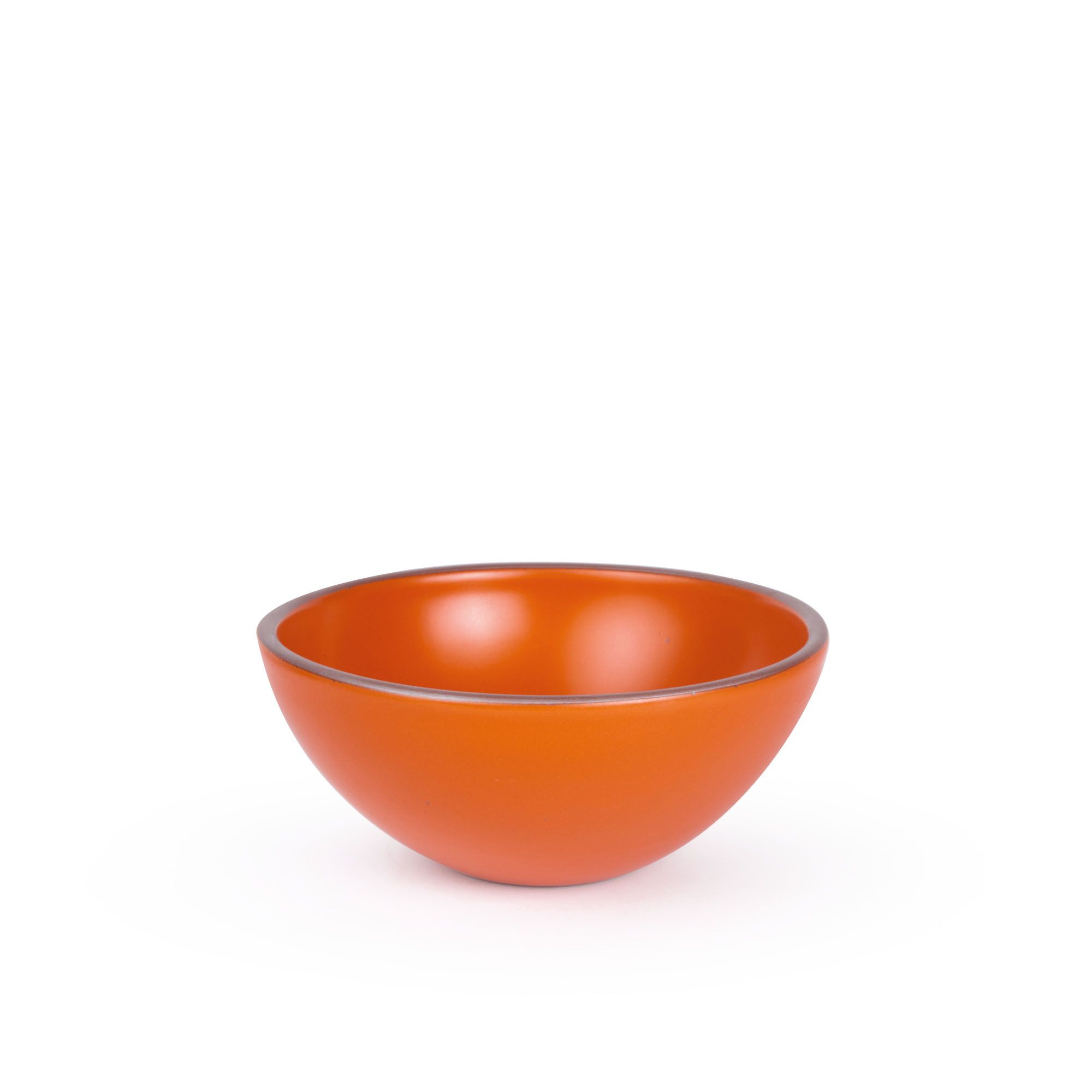A medium rounded ceramic bowl in a bold orange color featuring iron speckles and an unglazed rim