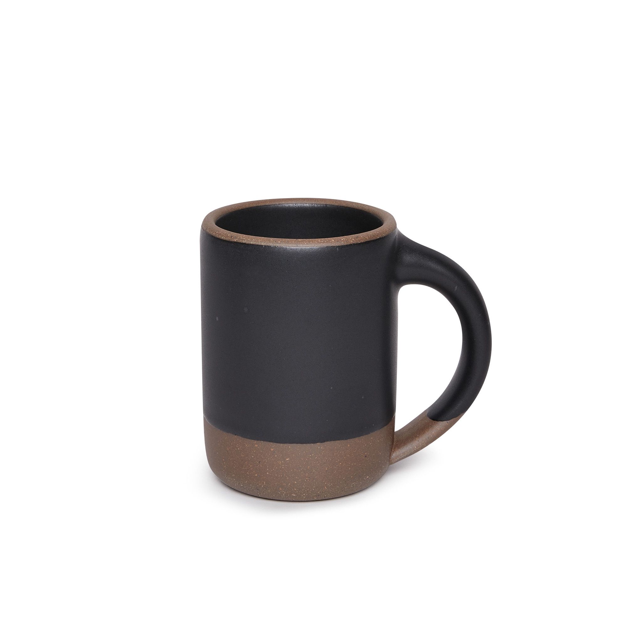 A medium sized ceramic mug with handle in a graphite black color featuring iron speckles and unglazed rim and bottom base.