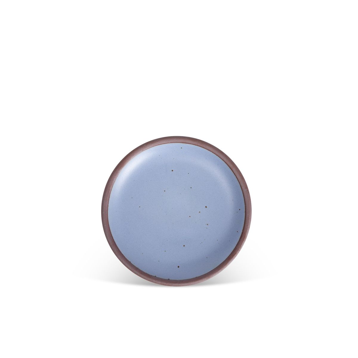 A dessert sized ceramic plate in a periwinkle color featuring iron speckles and an unglazed rim