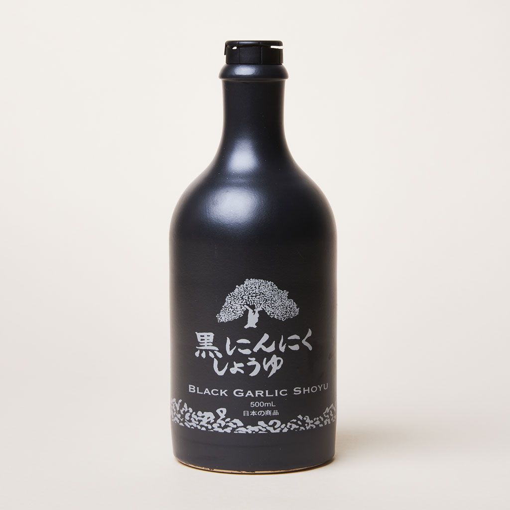 Black Garlic Shoyu in a black bottle