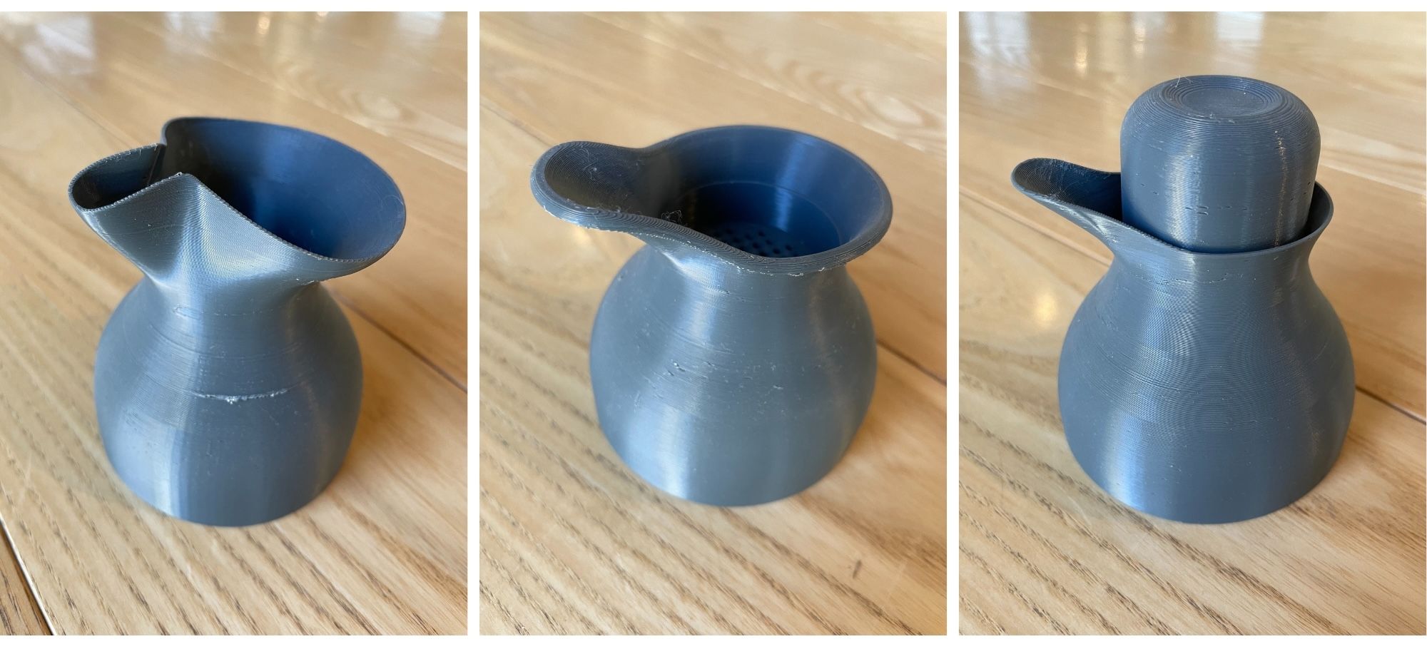 A trio of early 3D-printed spout iterations for the top of the Mescola Cocktail Set