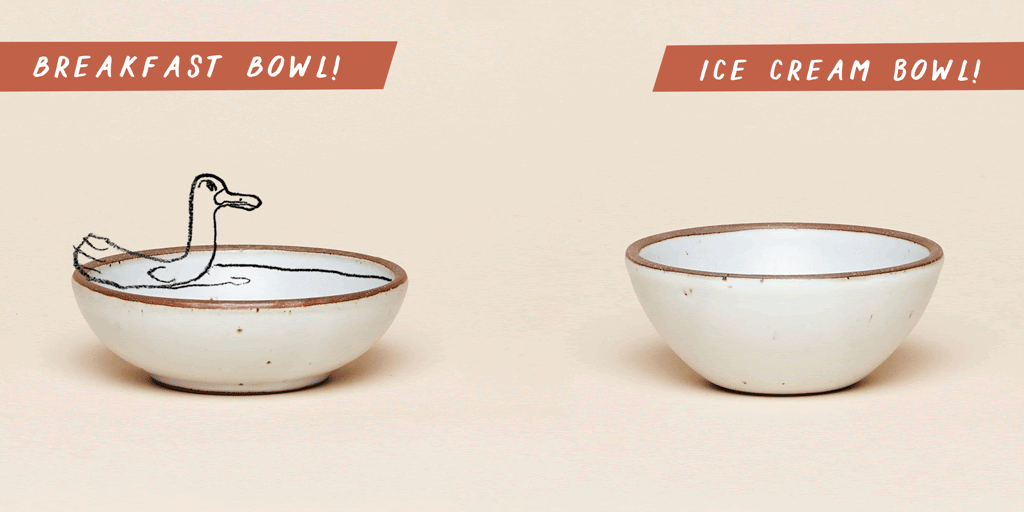 The breakfast bowl and ice cream bowl side by side. The breakfast bowl is shallower and shorter. The ice cream bowl has higher sides. We've added a cute moving illustration of a duck swimming through the breakfast bowl and a cat peeping out of the ice cream bowl.