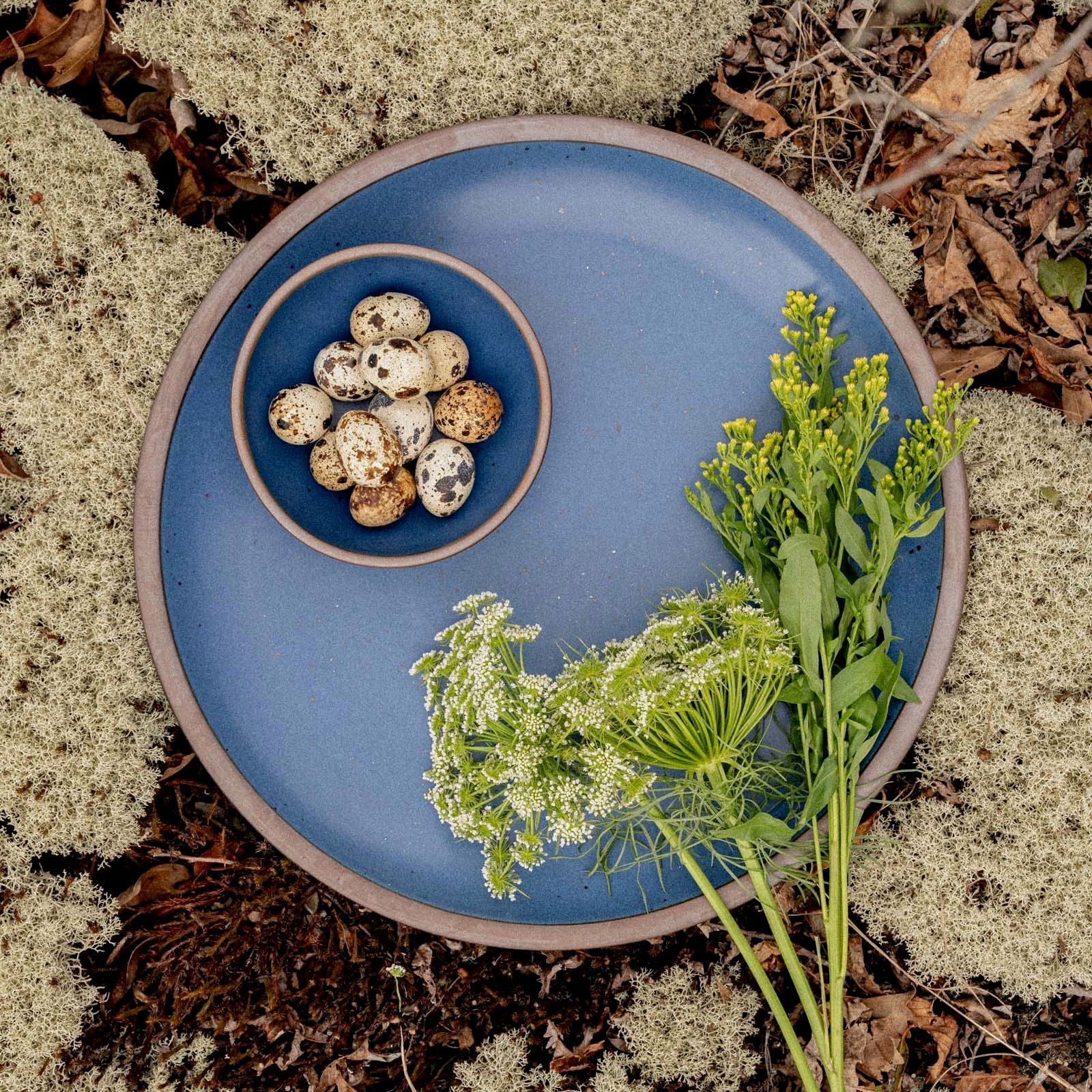 A large ceramic plate with a small bowl on top, both in a cool medium blue, sit outside on the ground with greenery and quail eggs.