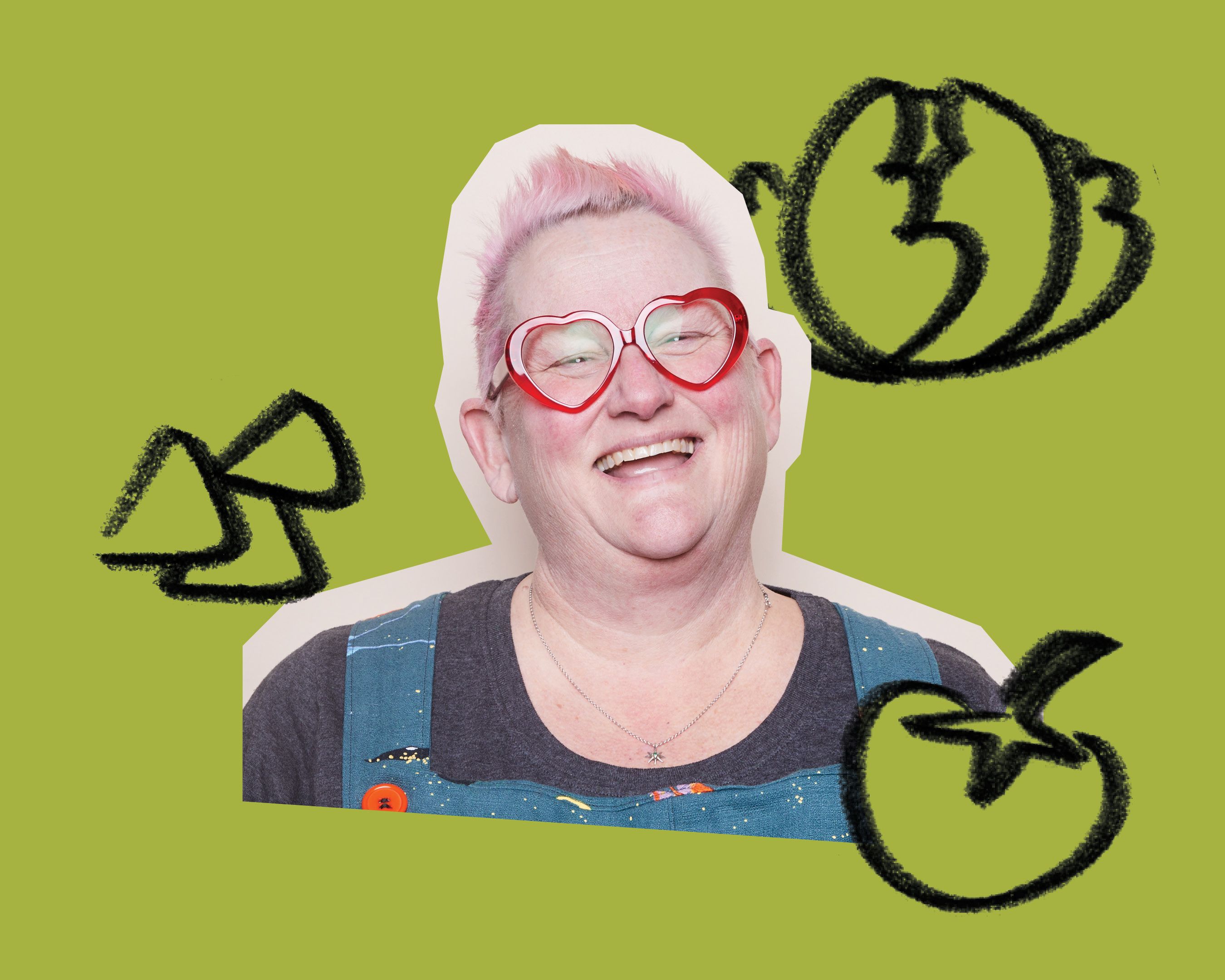 A cut-out photo of a woman smiling with crayon drawings of food against an avocado background.