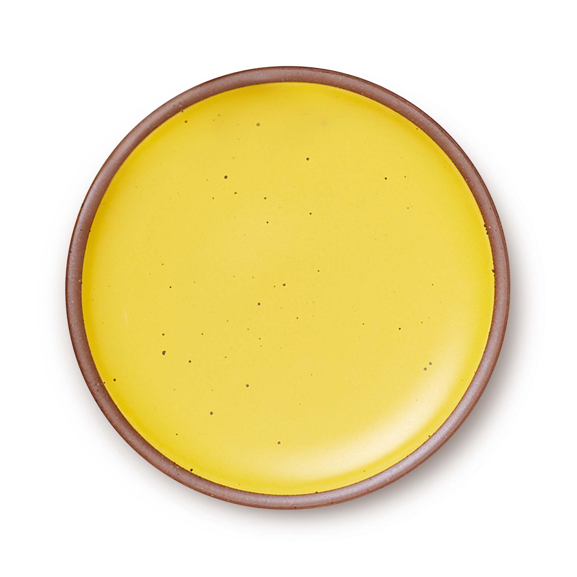 A large ceramic platter in a bright yellow color featuring iron speckles and an unglazed rim.