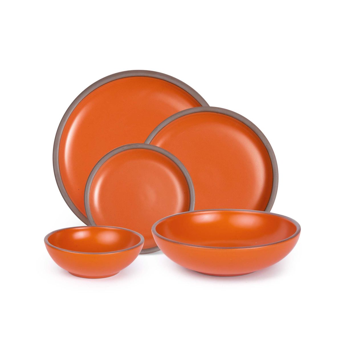 A breakfast bowl, everyday bowl, cake plate, side plate and dinner plate paired together in a bold orange color featuring iron speckles