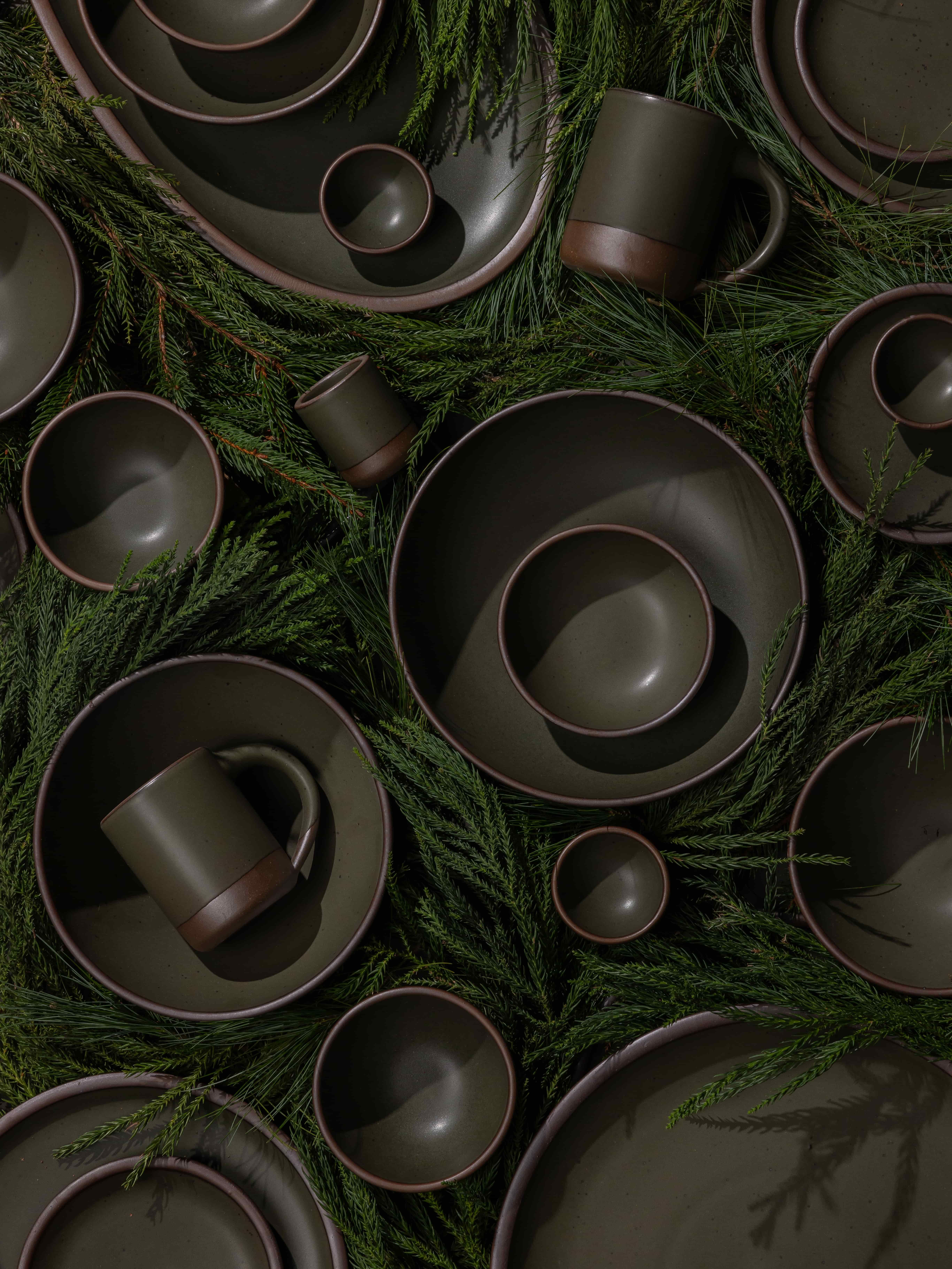 Ceramic plates, bowls, and mugs in a forest green artfully laid out on a bed of pine leaves.