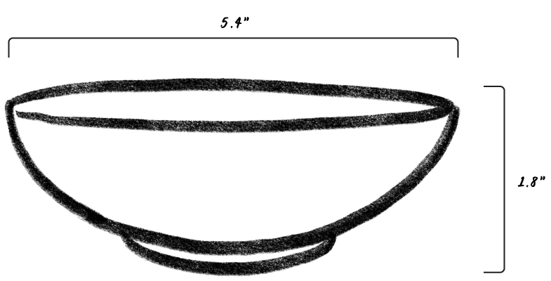 A crayon drawing of a shallow breakfast bowl with dimensions that read 5.4" wide, 1.8" tall