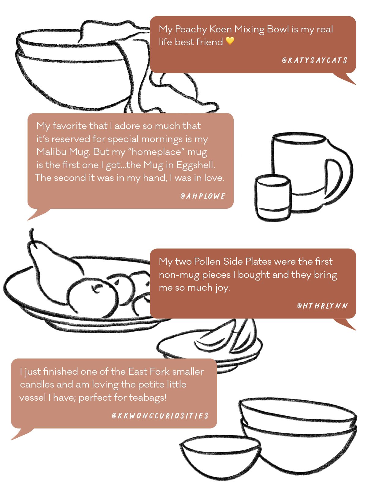 A graphic of positive quotes from customers about East Fork Pottery along with simple illustrations of bowls, plates, and mugs.