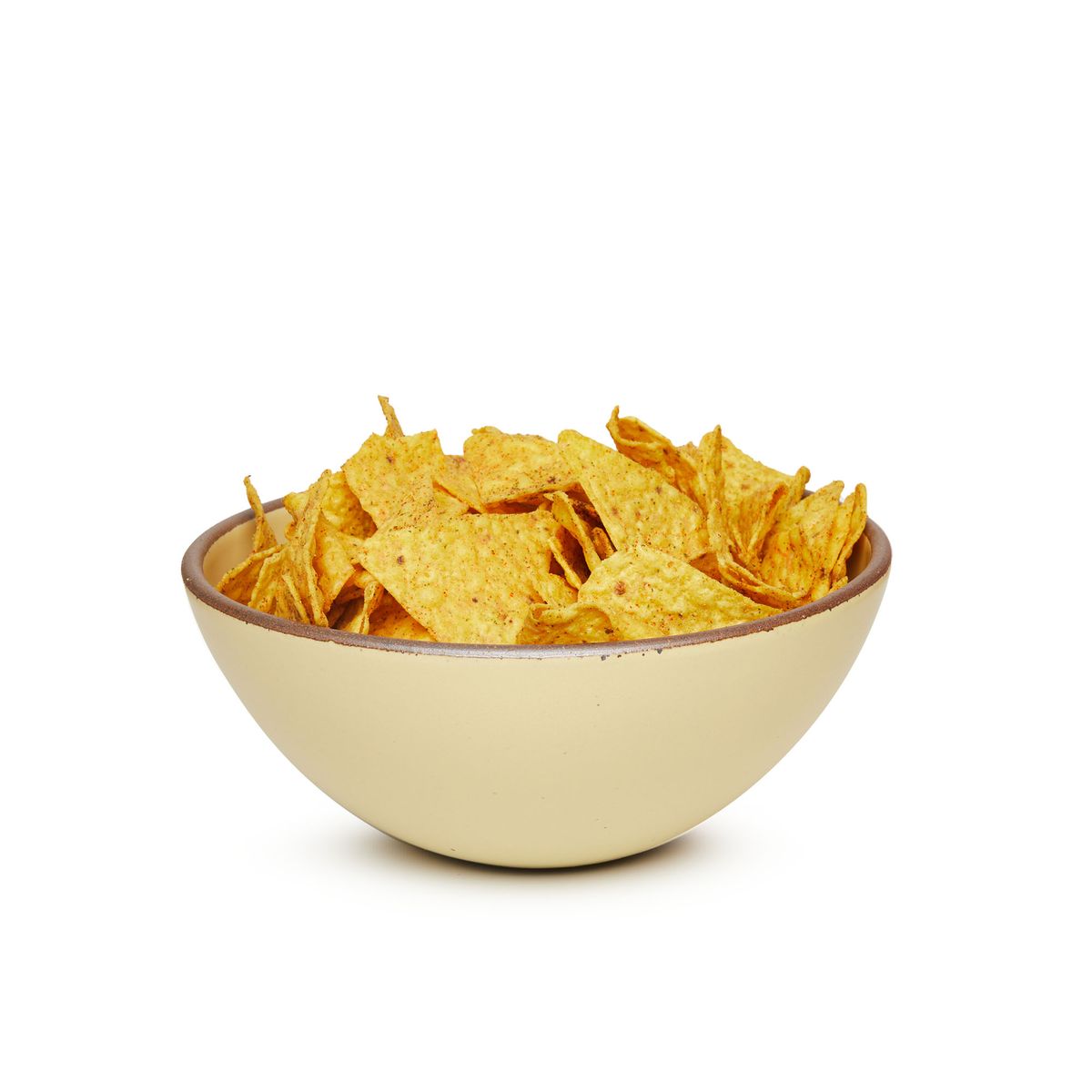 A large rounded ceramic bowl in a light butter yellow color featuring iron speckles and an unglazed rim, filled with tortilla chips