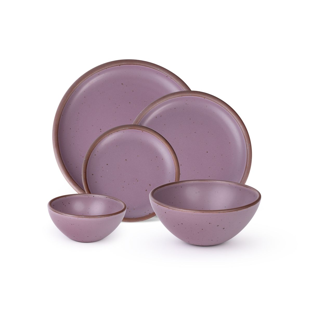 An ice cream bowl, soup bowl, cake plate, side plate and dinner plate in a soft mauve purple color featuring iron speckles
