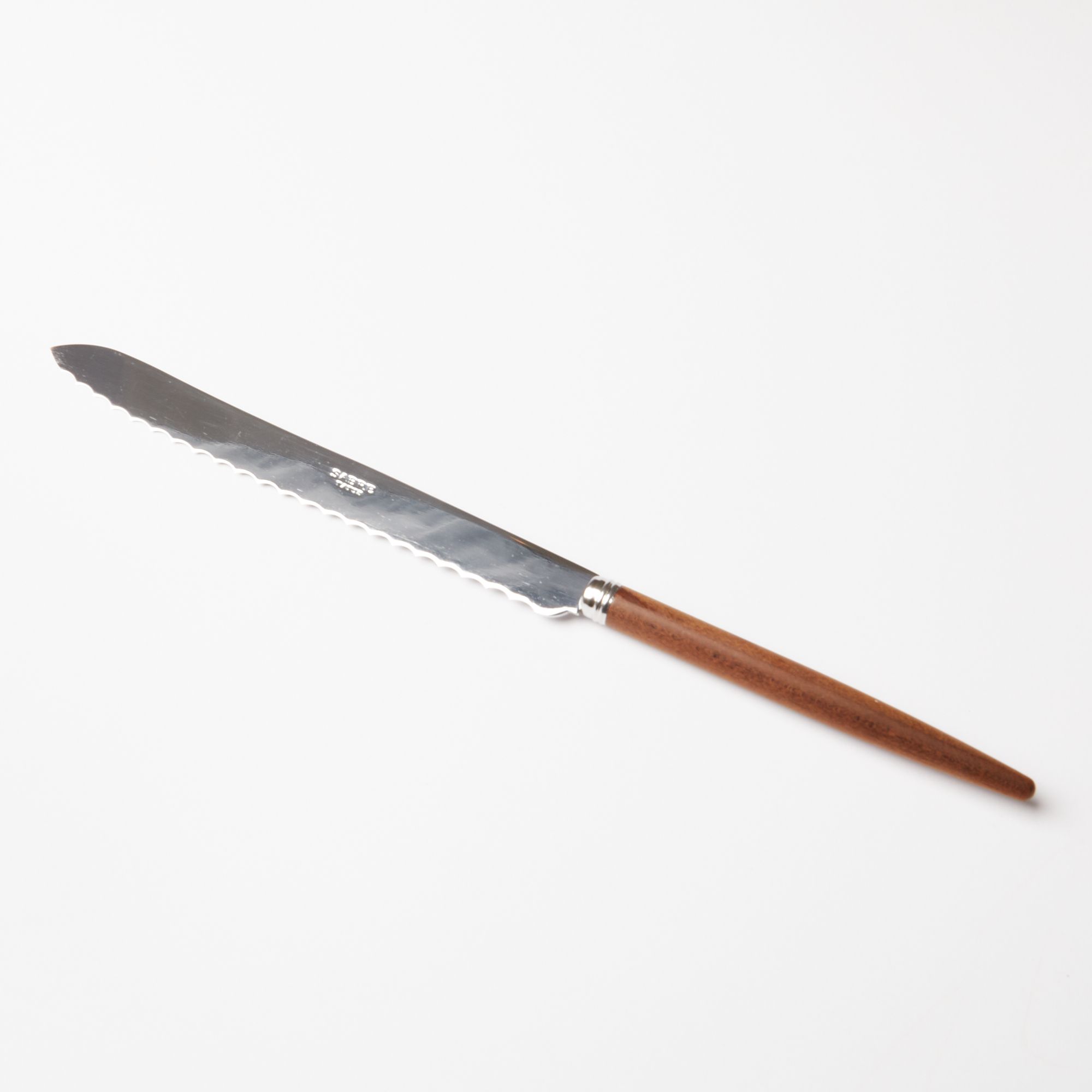 A long bread knife with a steel blade and simple wood handle