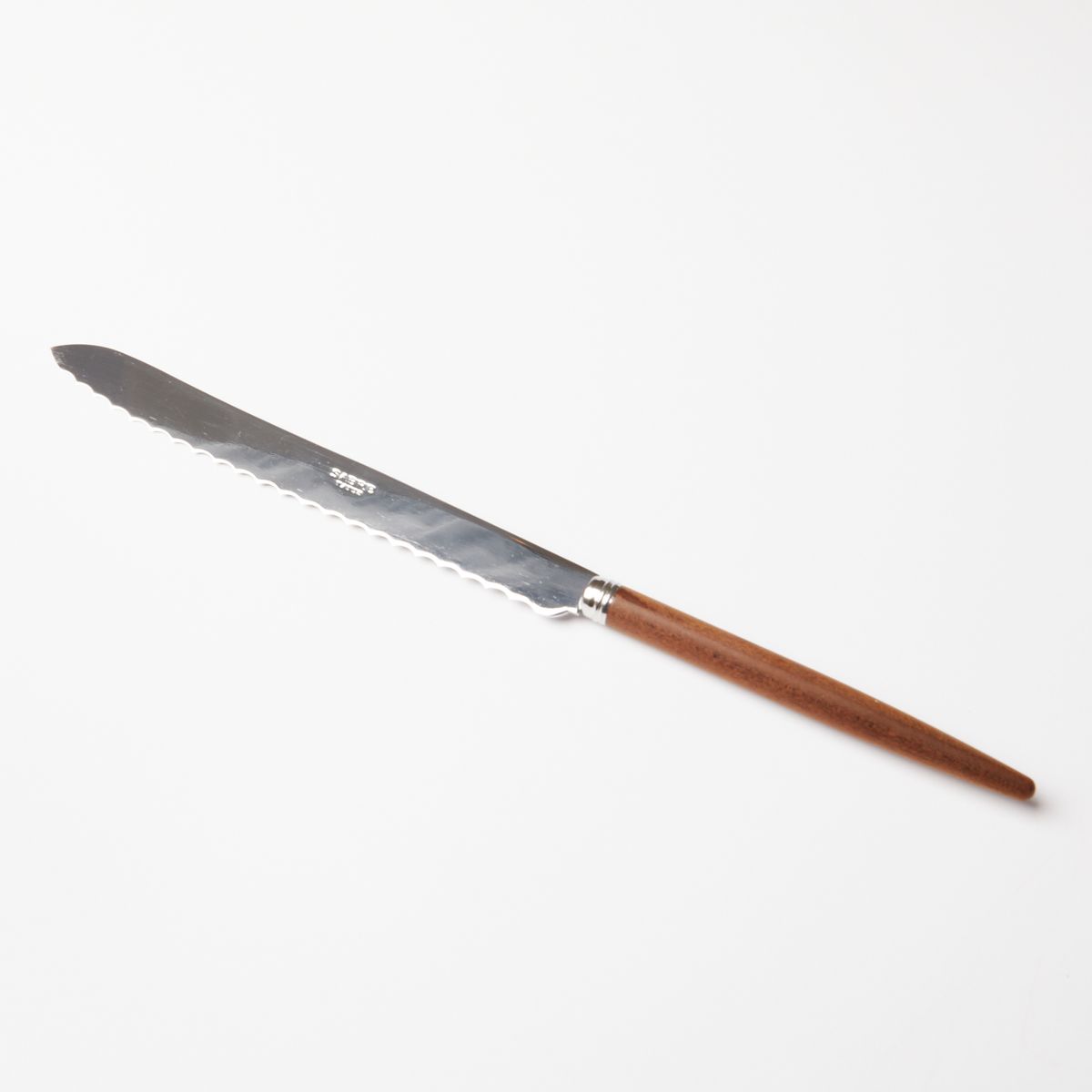 A long bread knife with a steel blade and simple wood handle