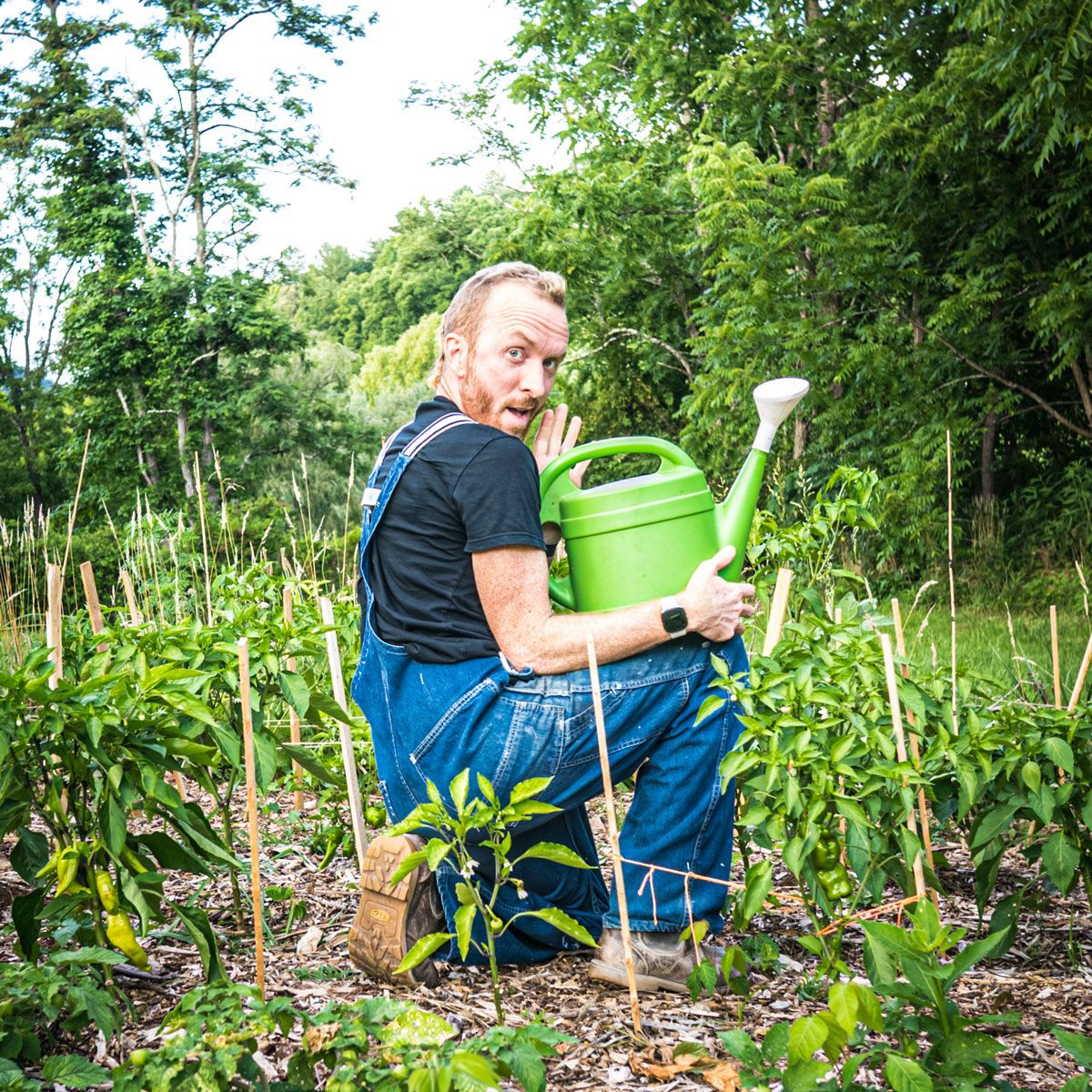 Outside, Donnie is kneeling on one knee wearing overalls and holding a watering can with a playful look