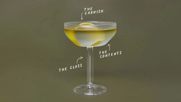 A martini glass, with a classic vodka martini with lemon twist. There are handwritten annotations surrounding the martini glass, pointing to "the glass", "the contents", and "the garnish."
