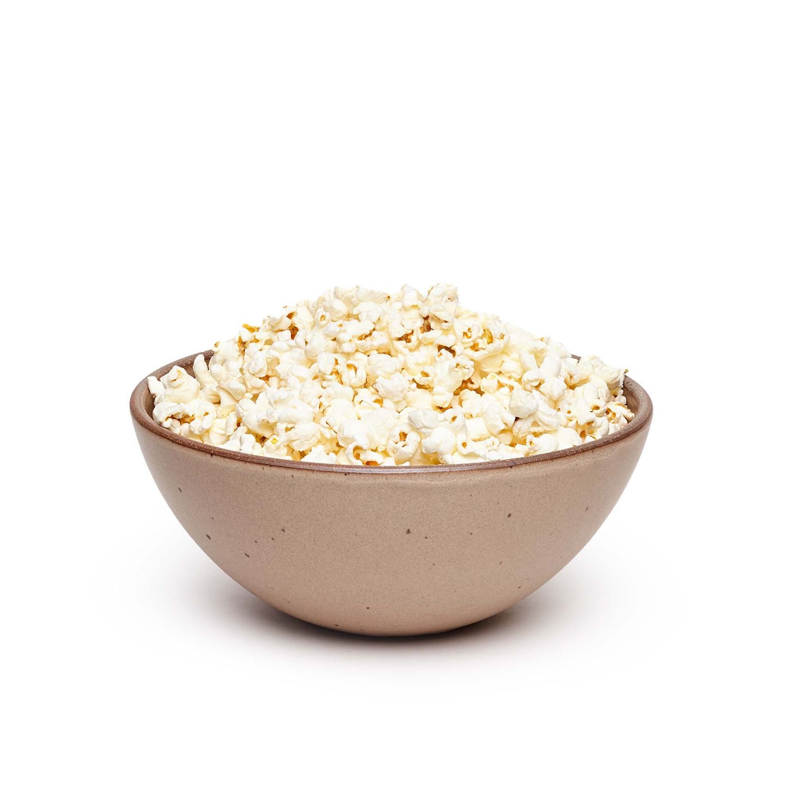 A light earthy brown colored bowl with a full bag of microwave popcorn in it, ready for movie night.