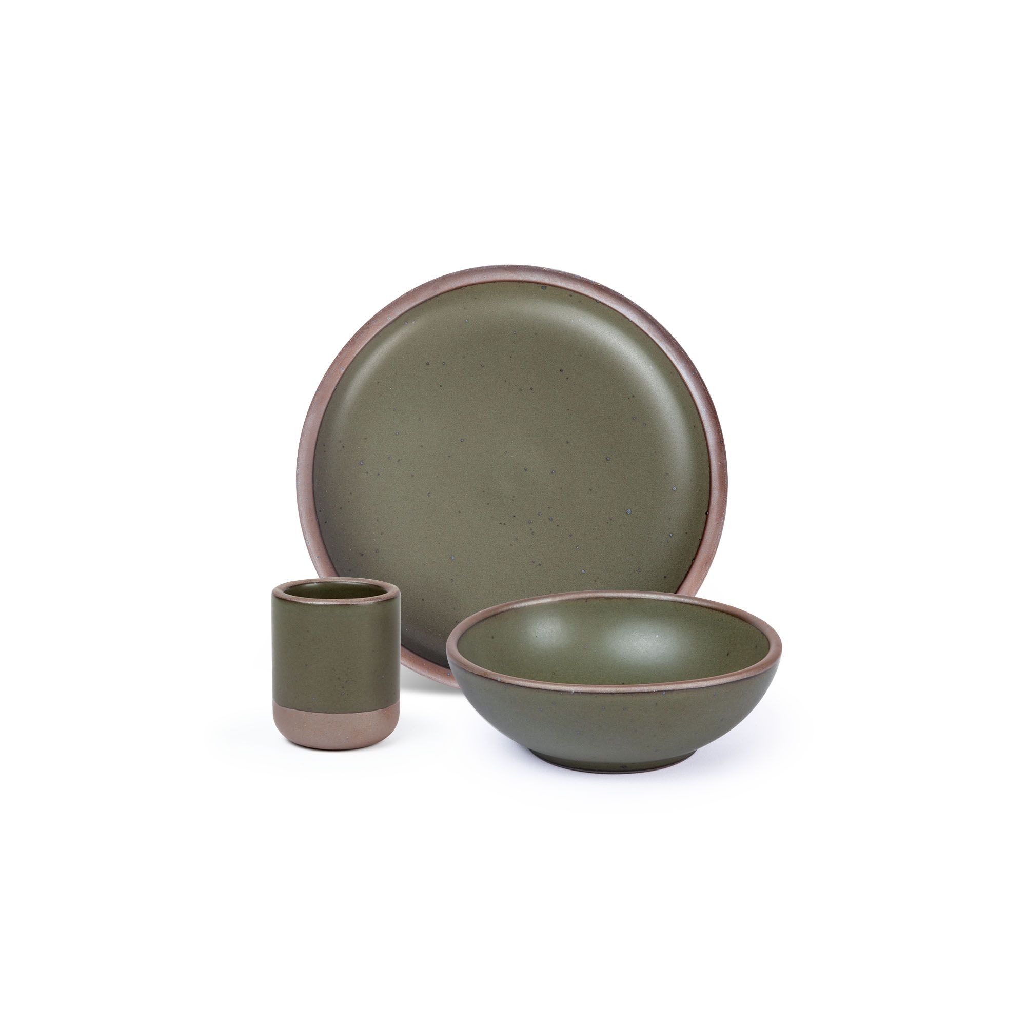 A small tiny cup, a medium sized plate, and a small breakfast bowl paired together in a pine green color featuring iron speckles.