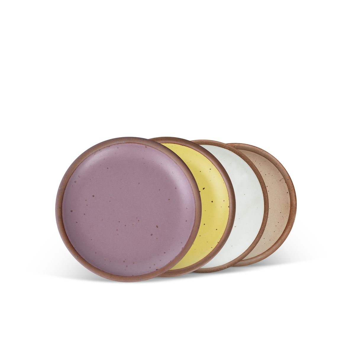4 dessert sized ceramic plates in a soft mauve purple, zesty yellow, cool white, and warm pale brown color featuring iron speckles and an unglazed rim.