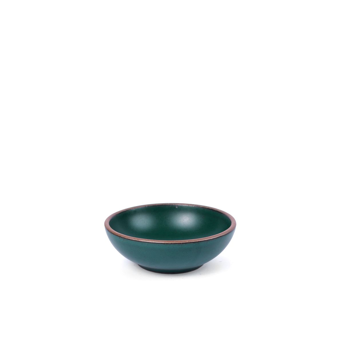 A small shallow ceramic bowl in a deep dark teal color featuring iron speckles and an unglazed rim