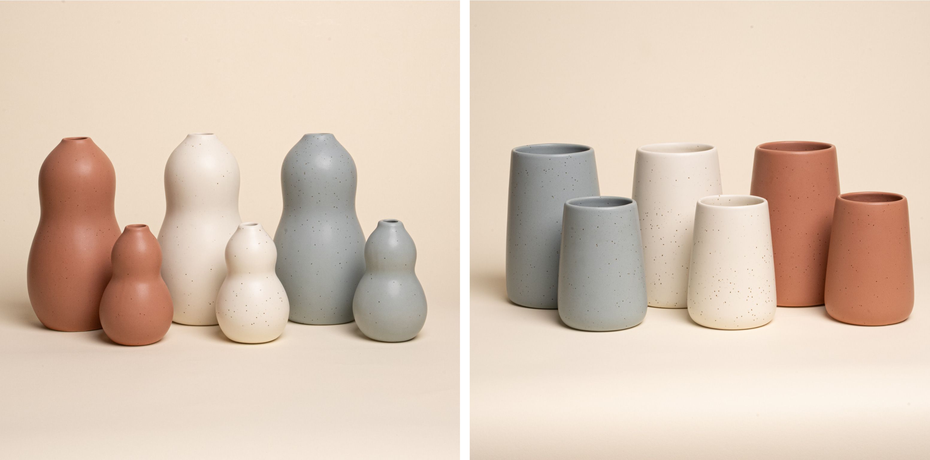 Two side-by-side groups of ceramic vases on a neutral background. On the left, five gourd-shaped vases in terracotta, cream, and muted blue. On the right, five straight-sided cylindrical vases in the same colors, with some showing speckled surfaces.
