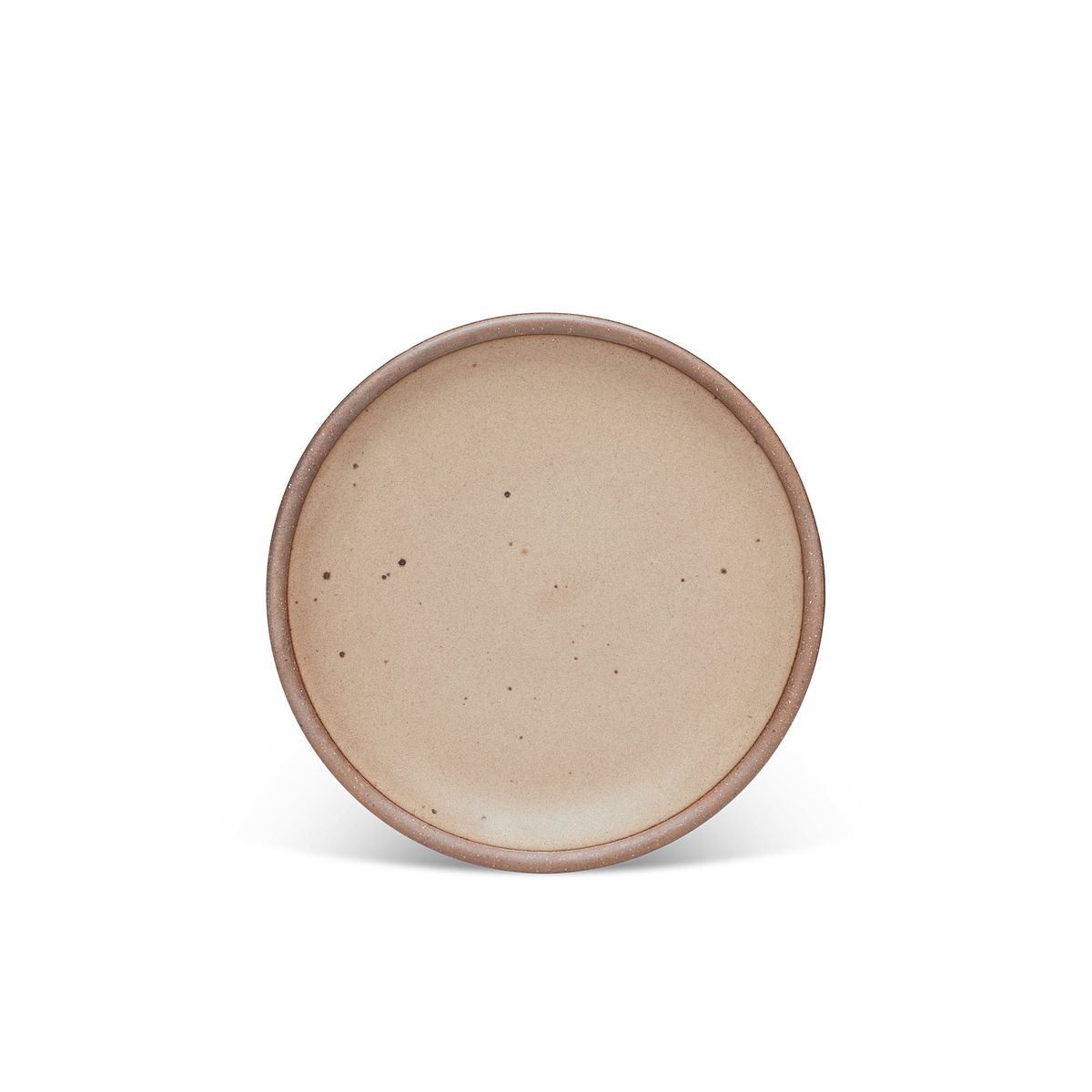 A medium sized ceramic plate in a warm pale brown color featuring iron speckles and an unglazed rim.