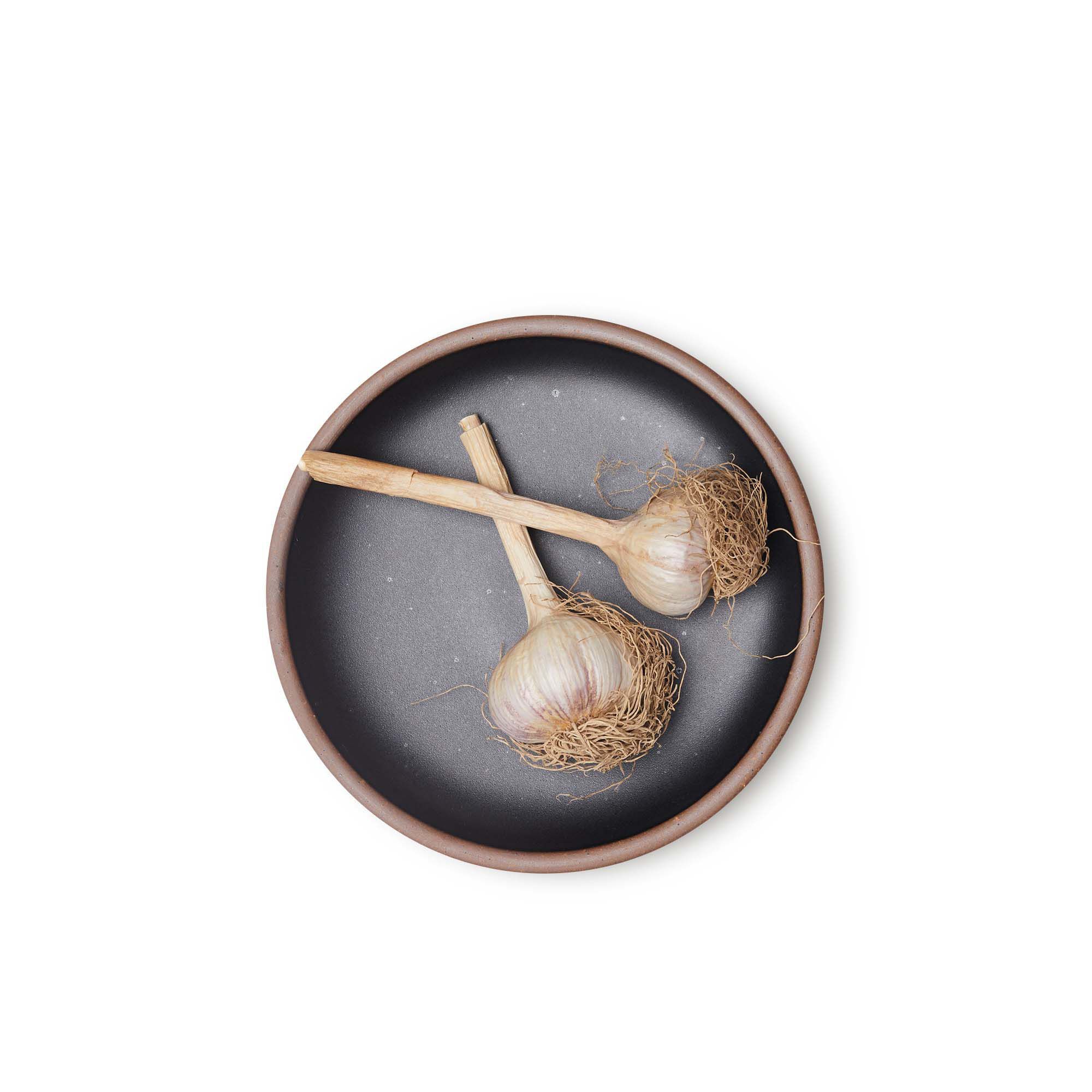 Garlic on a medium sized ceramic plate in a graphite black color featuring iron speckles and an unglazed rim.